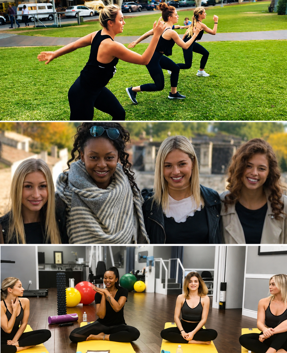 Briar Nolet, Jordan Clark and Victoria Baldesarra with Ariane Kamba in a wellness session